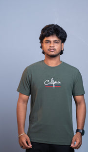 Half Sleeve Round Neck CALIFORNIA Printed Tshirt for Men Mehandi Green mens trending streetwear India 7Man